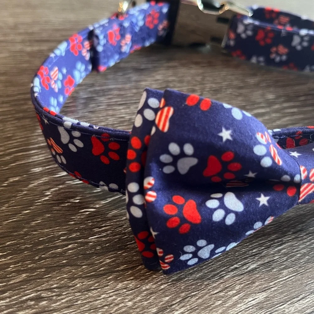 Navy Blue Paw Print Bow Tie Collar